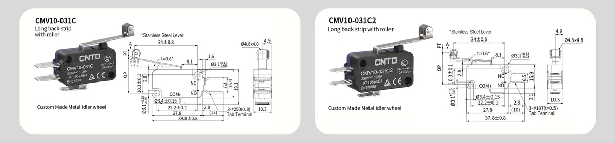 5PCS CNTD CMV10-031C/031C2 Mini Snap Action Micro Switch 10A 250V AC SPDT Long Curved Lever Limit Switch 300K for 3D Printer