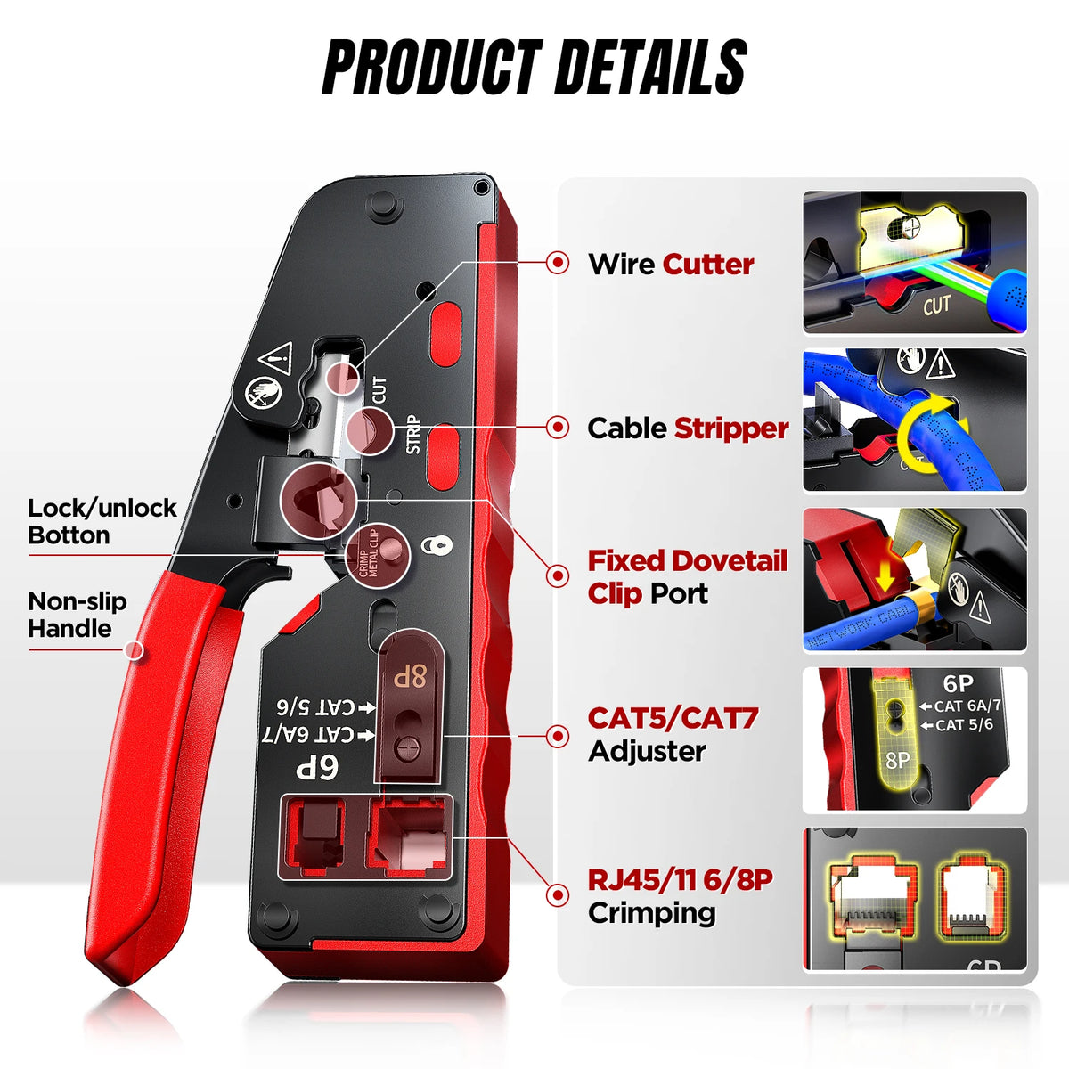 AMPCOM rj45 Crimper CAT7 Crimping Tool for Pass Through RJ11 RJ 45 Connector CAT6 CAT5E Modular Plugs With Wire Stripper Cutter