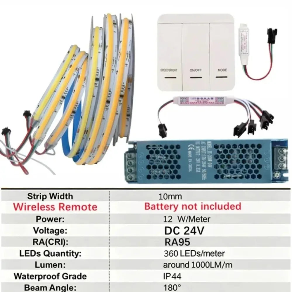 DC24V WS2811 COB LED Light Strip Kit 5M 10M 360LEDs/m Addressable Running Water Flowing Lamp With Wireless Controller Power Kit