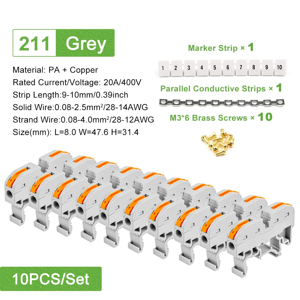 Din Rail Type Various Terminal Block Kit 211 Wire Electrical Conductor Universal Fast Cable Connector With Number Strip Set