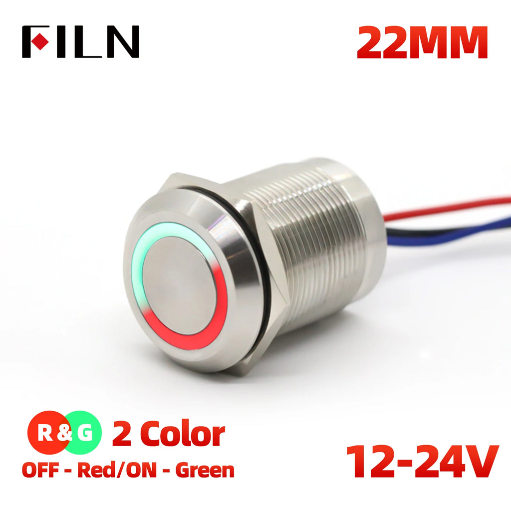 FILN 16/19/22mm Stainless Steel Touch Push Button Switch Dual Color LED Red Green Waterproof IP68/IP69K DC 12V/24V Momentary