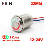 FILN 16/19/22mm Stainless Steel Touch Push Button Switch Dual Color LED Red Green Waterproof IP68/IP69K DC 12V/24V Momentary