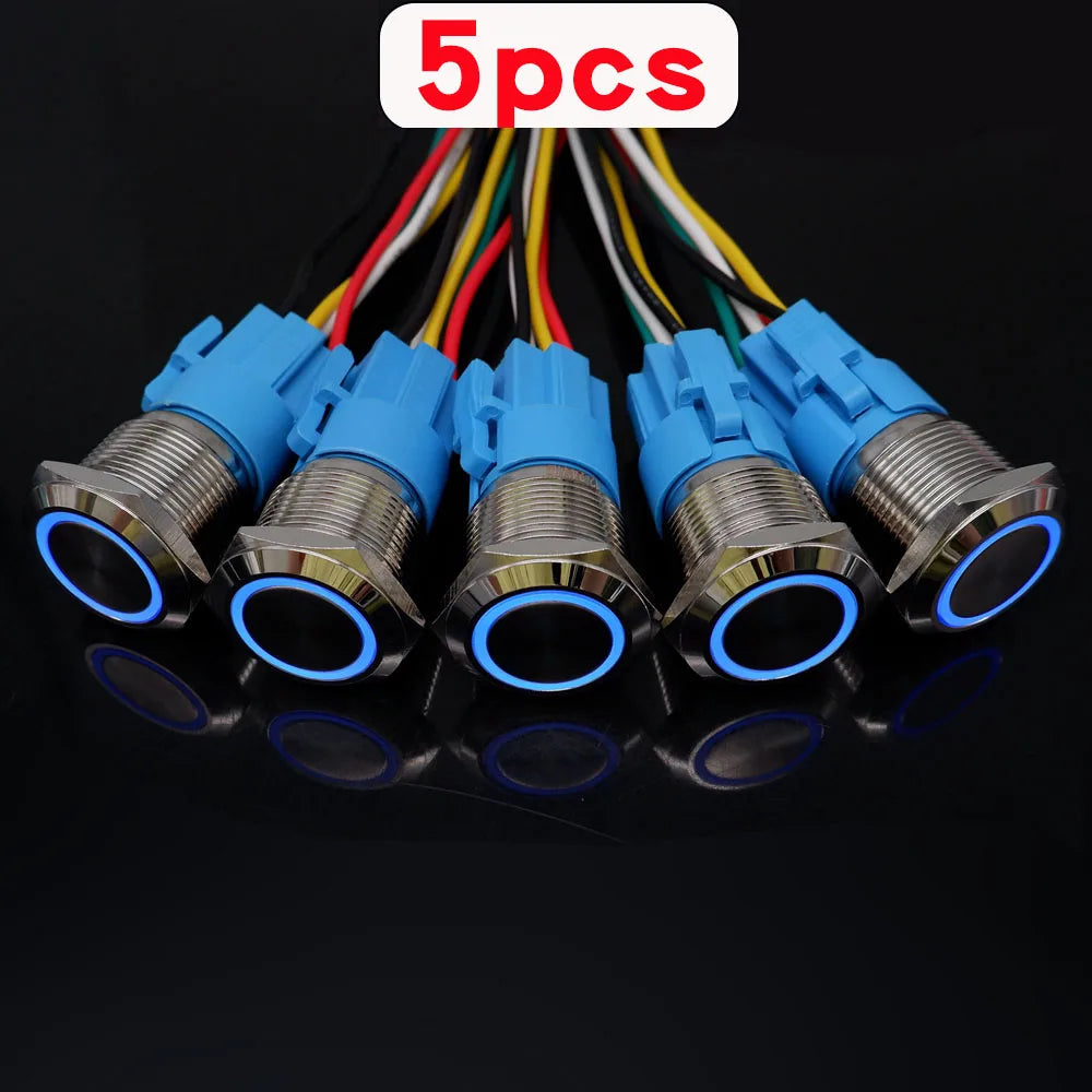 5pcs Metal Push Button Switch Ring Lamp 16mm 19mm 22mm Waterproof LED Light On Off Momentary Latching 5v 12v 24v 220v Red Blue