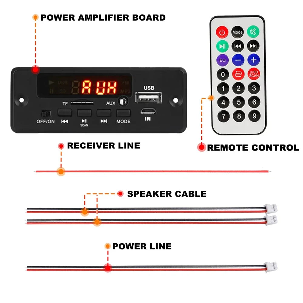 KEBIDU 50W Amplifier Bluetooth MP3 Player DC 12V MP3 Decoder Board Wireless Car Audio Moudle TF AUX FM Radio Charging For Speake