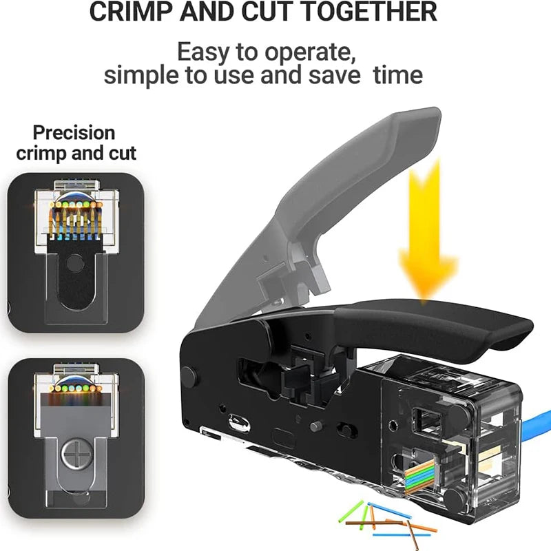 RJ45 Crimp Plier Pass Through Crimper Stripper Cutter for Cat7 Cat6 Cat5e 8P Modular Connector Ethernet All-in-one Wire Tool