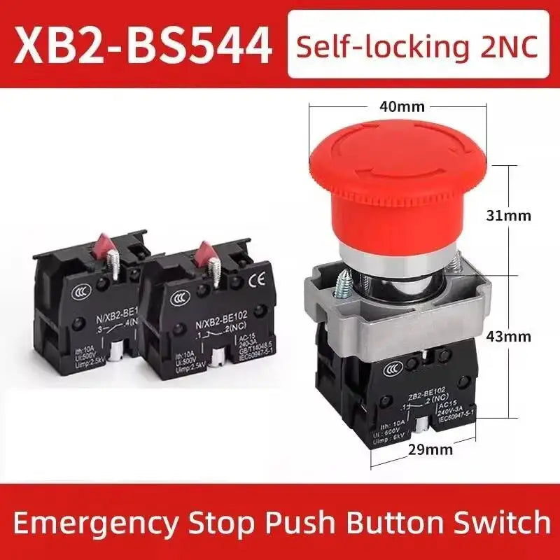 5pcs 22mm Mounting Emergency Stop Button Switch Self-locking XB2-BS545 Rotary Reset Mushroom Head NO NC Brass/Silver Contact