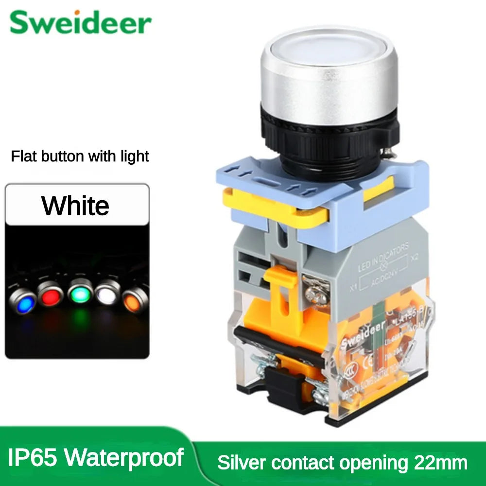 Waterproof Push Button Switch with LED 22mm Momentary Reset Self Locking Power Button Switch with Light 12V 24V 220V 10A 2NO 2NC