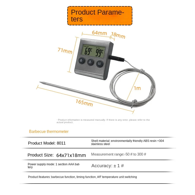 Wireless Digital Food Thermometer with Remote for Kitchen Oven BBQ Grill - Manual Set Temperature Probe Meat Timer
