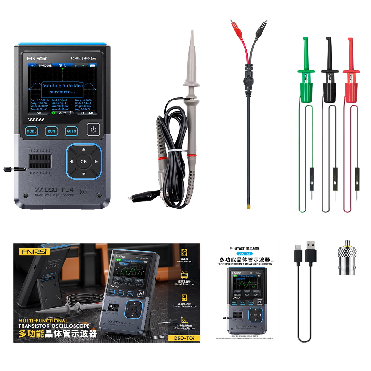 FNIRSI DSO-TC4 Upgrade 3 in 1 Digital Oscilloscope 10MHz 48Ms/s Transistor Tester Electronics Component Tester USB Charger Tools