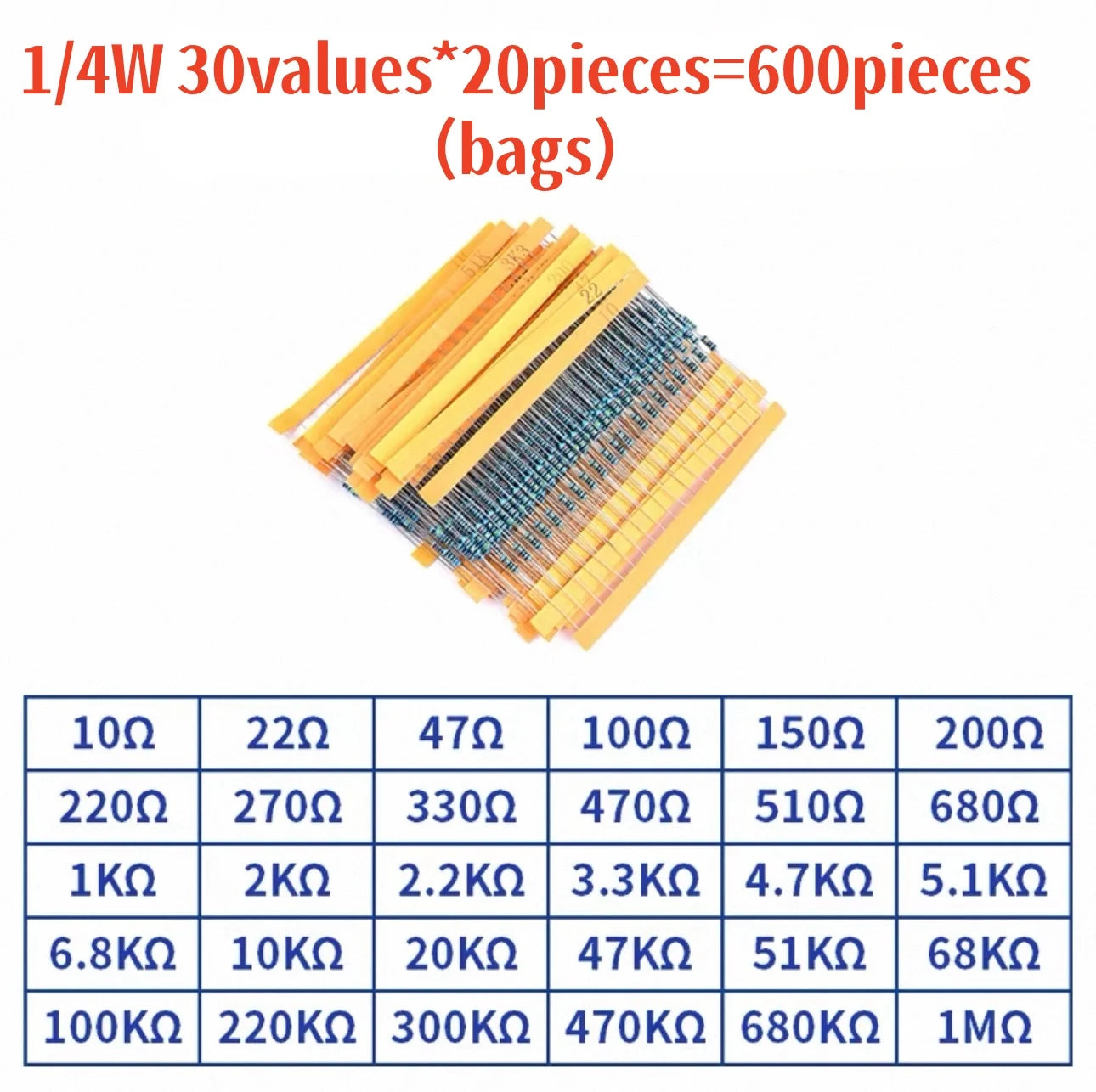 300pcs/600pcs/820pcs 1% Resistor Set Resistance 1/4W Metal Film Resistors Kit 10Ohm ~1M Ohm 30Values Electronic Components Kit