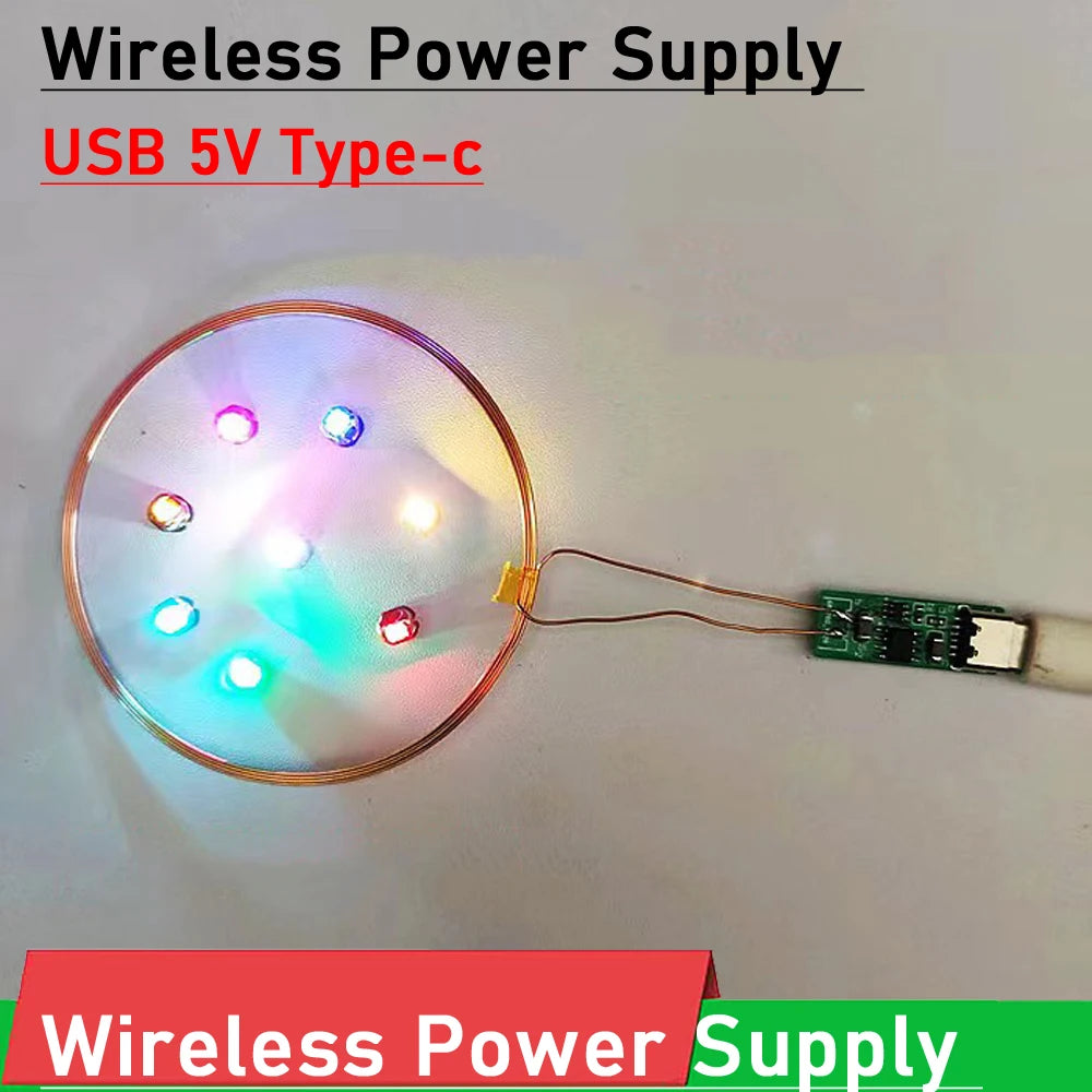 70MM Wireless Power Supply Type-C USB 5V Coil Induction Wireless Charging Transmitter + 10PCS LED Receiver DIY Toy Model