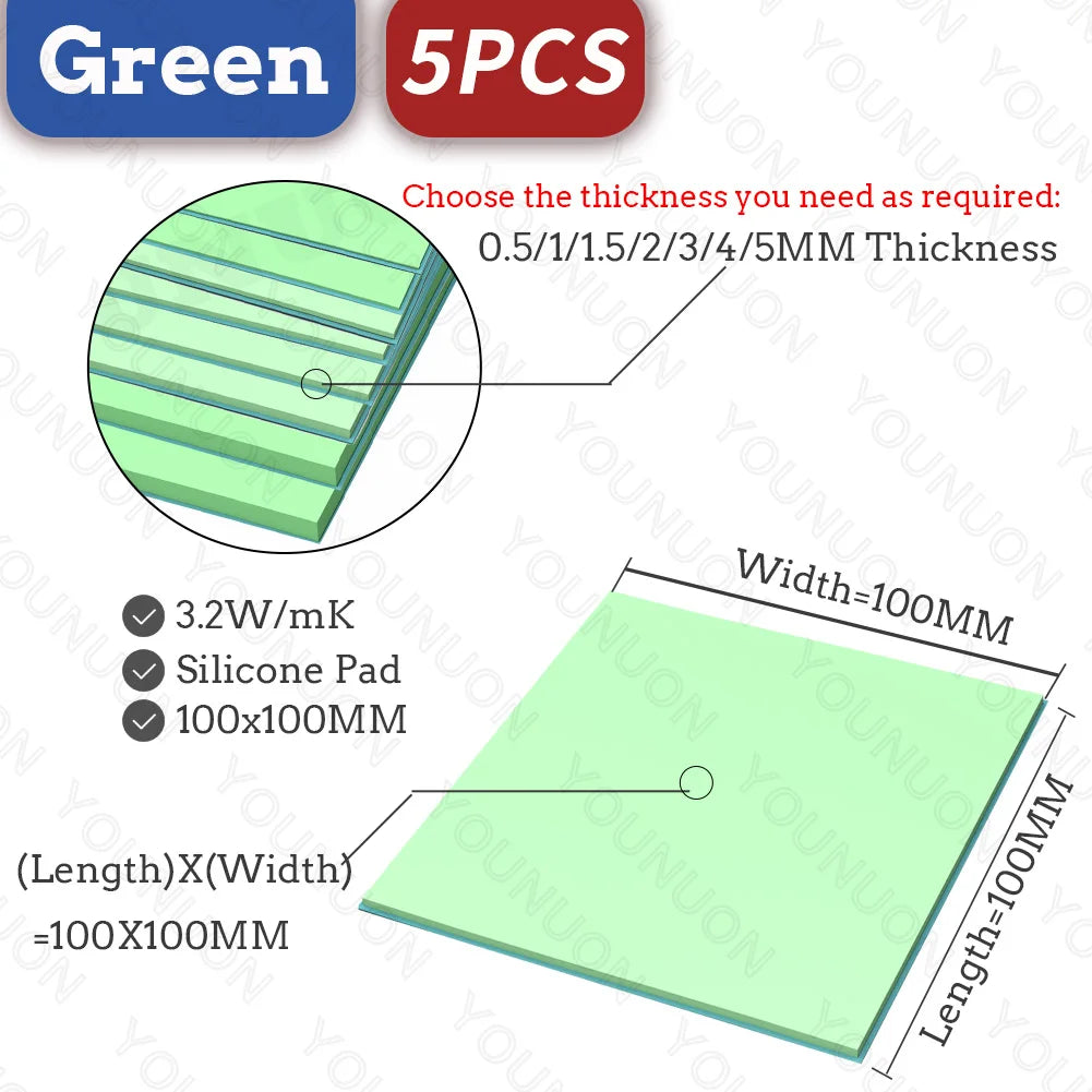 YOUNUON 100x100mm 0.5mm 1mm 1.5mm 2mm 3mm 4mm 5mm tichkess Thermal Pad CPU Heatsink Pad Cooling Conductive Silicone Thermal