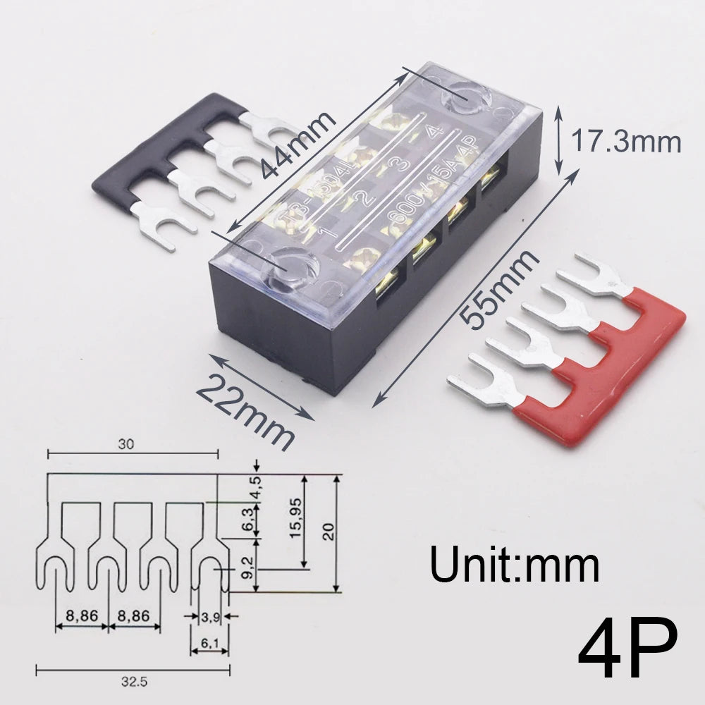 1pcs 15A 600V Dual Row Strip Screw Terminal Block With 2pcs Terminal Strip Short Piece TB Connector 3 4 5 6 8 10 12 Position