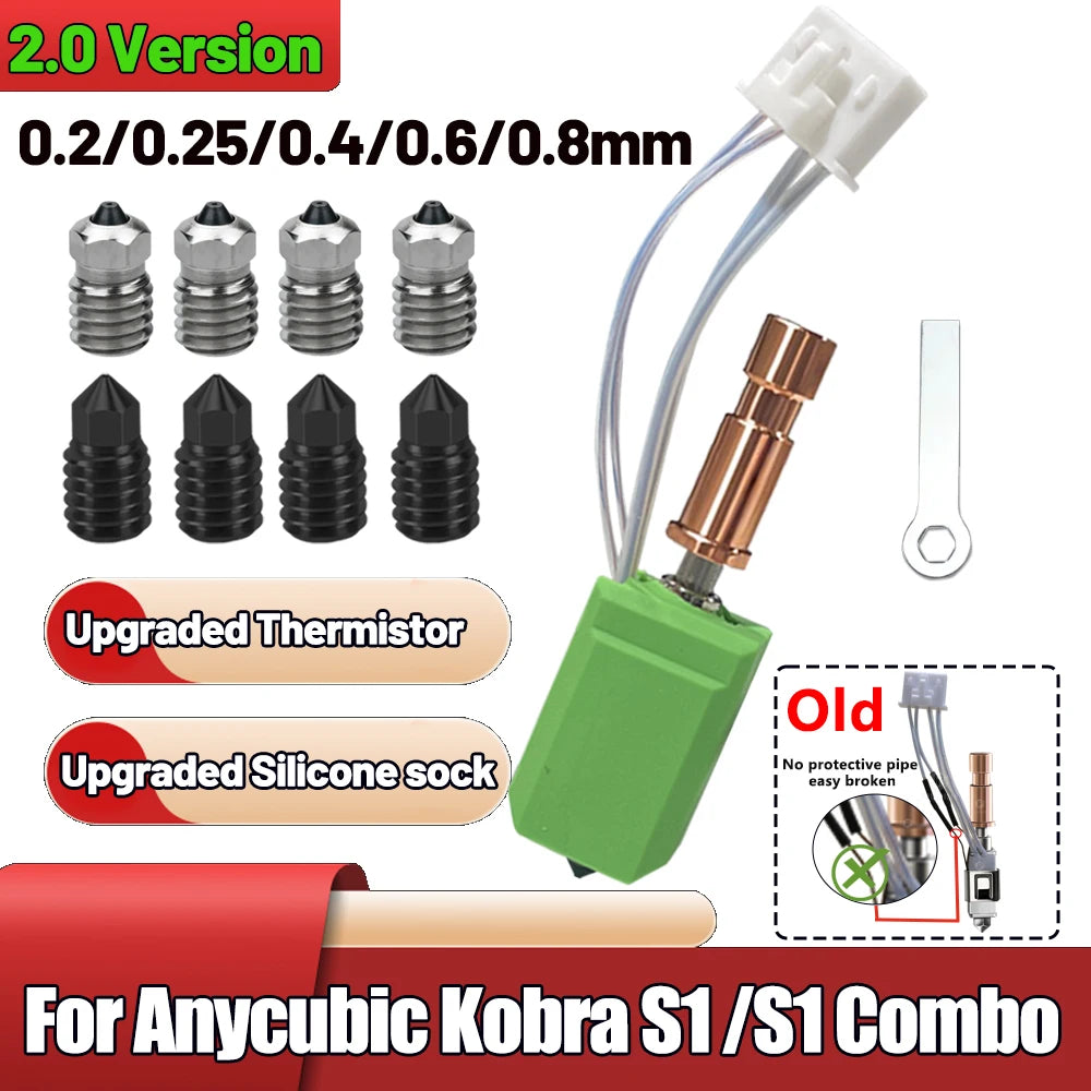 0.25mm All Metal Hotend Upgraded For Kobra S1/S1 Combo New Thermistor and Heater For Kobra S1 Hardened Steel Bimetal Nozzles