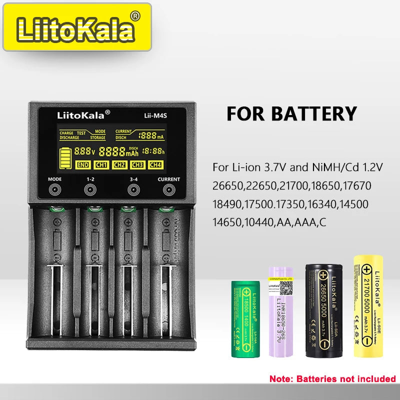 LiitoKala for 18650/26650/AA/AAA Li-ion/Ni-MH LCD Display Safe Fast Charging Lii-M4/M4S 4-Slot Smart Charger