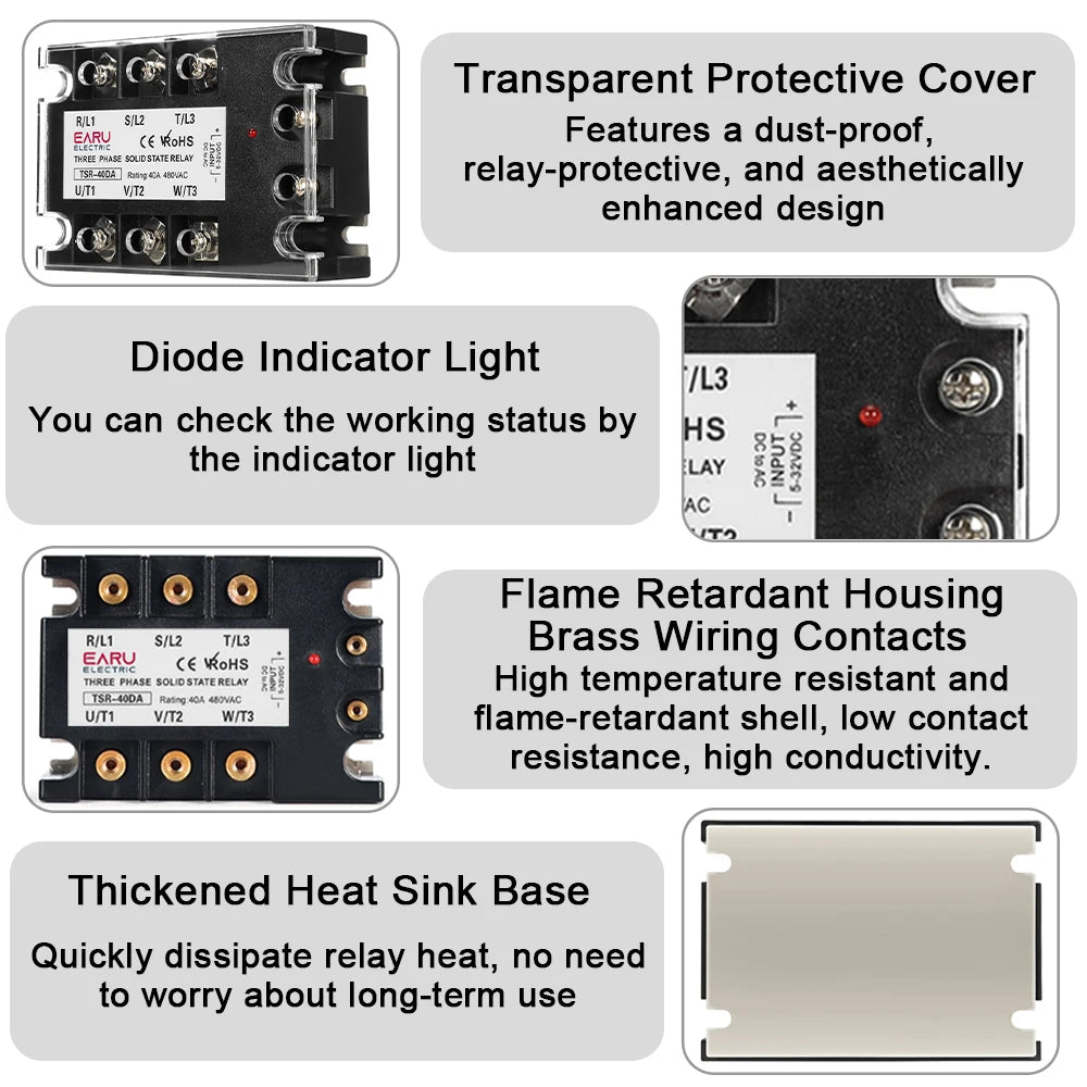 EARU Three Phase Solid State Relay Module DC Control AC SSR AC Control AC 10A 25A 40A 60A 80A 100A 150A 200A Heat Sink 480VAC