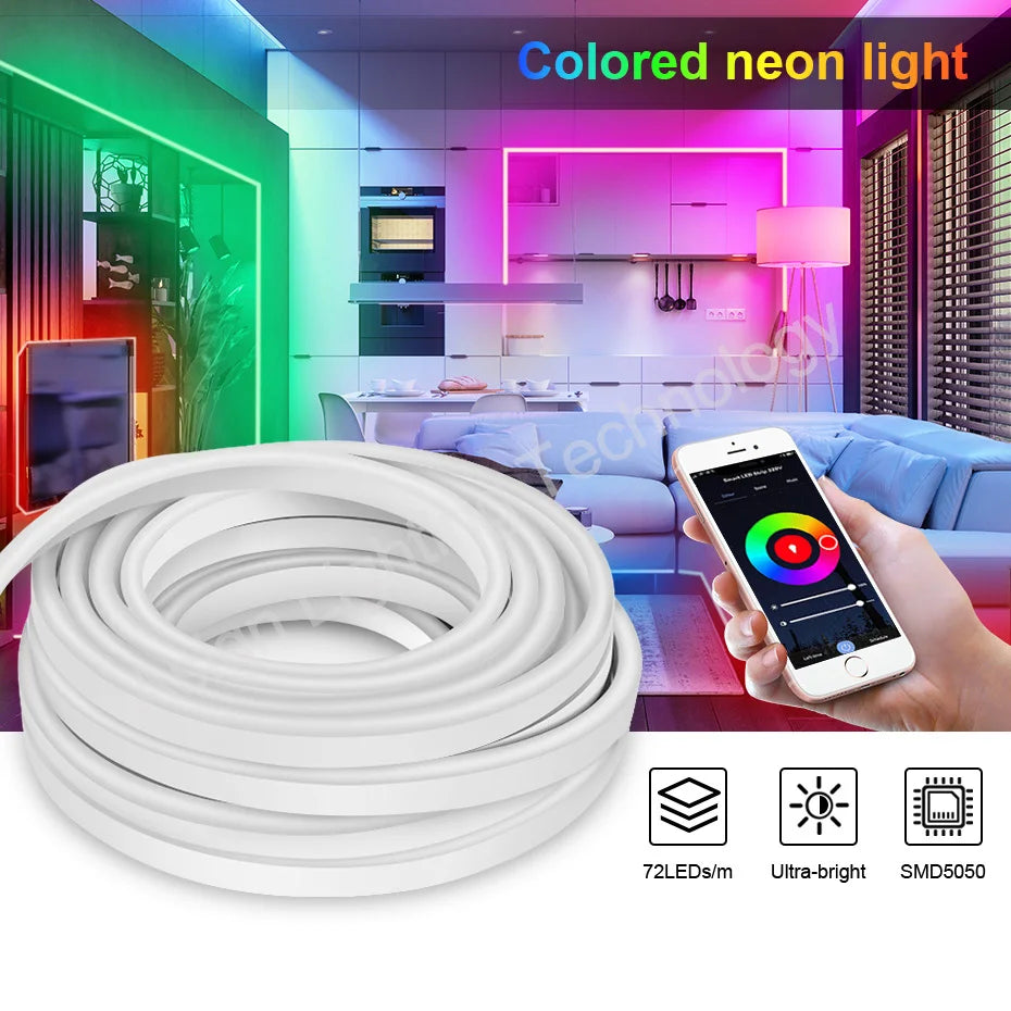 30M 20M 10M RGB LED Neon Strip Light 220V Decor Home Lighting Waterproof Flexible LED Ribbon Remote/Bluetooth/Tuya WiFi Control