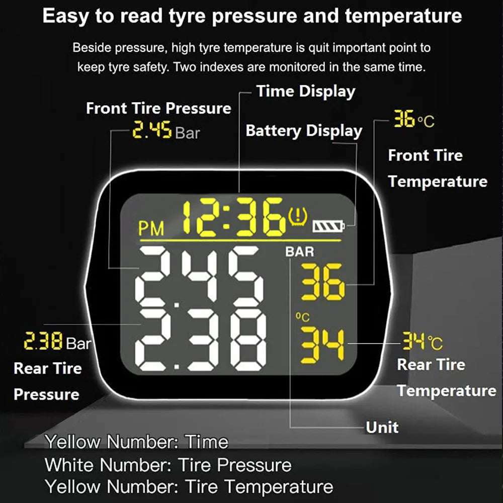 Infitary Motorcycle TPMS Tire Pressure Monitoring System Big Wireless LCD Colorful Display Shift For Status Precise Digital Moto