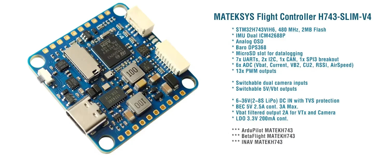 MATEK H743 WING V3 Flight Controller MATEKSYS STM32 H743VIT6 Dual IMU Baro OSD SD Slot for RC FPV DIY Racing Fixed Wing Drones