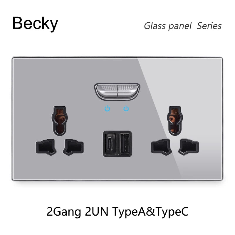 146 13a Reset Toggle Tempered Glass 2Gang UK Socket Switch Combination Panel Power Socket Office Hotel Home Villa Decoration