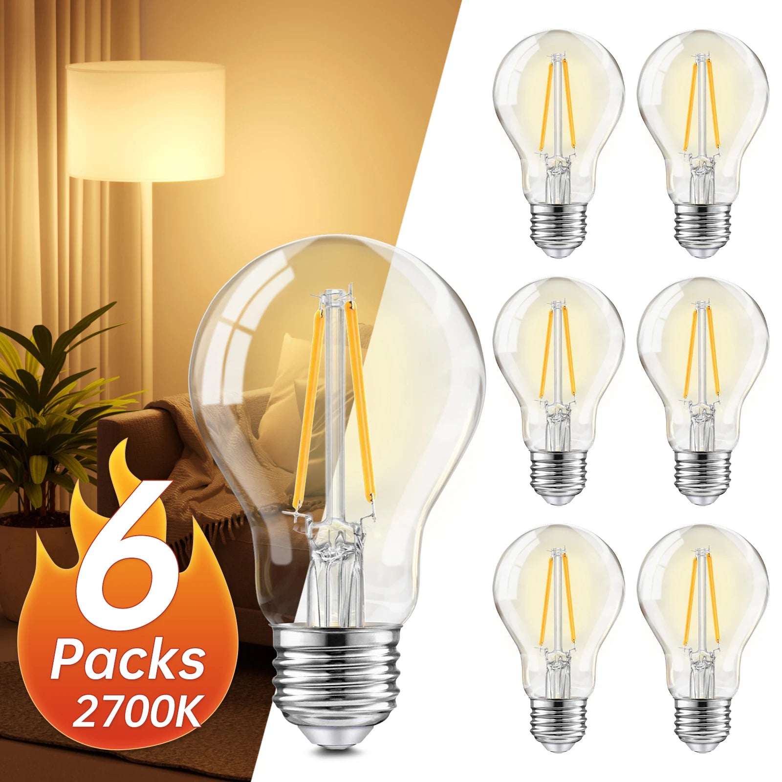 Vintage LED Filament Bulb , Edison Style Non-Dimmable, 2700K Amber Warm White A19 Bulb, Amber Glass, for Pendant Lights, Ceiling Lights, Restaurants, Cafe Home Decoration Lighting，4/6/12/24pack