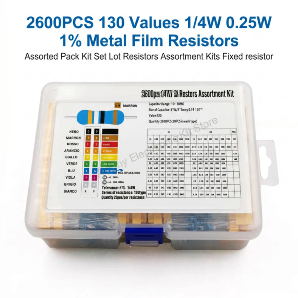 2600pcs Assorted Metal Film Resistors 130 Values 1/4W 0.25W 1% Fixed Resistor Kit for Electronics DIY Projects