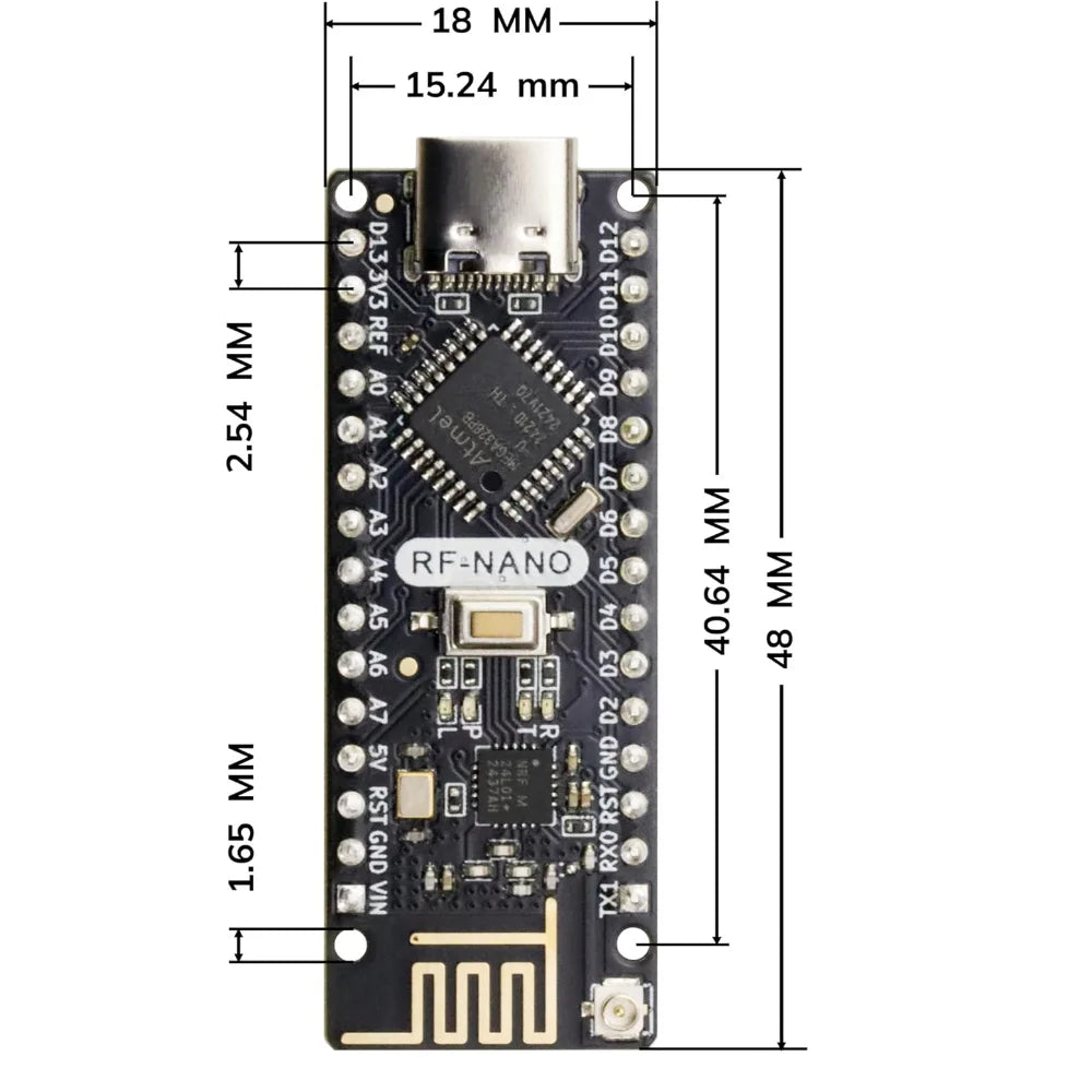 RF-Nano Board and Antenna Kit NRF24L01 Module Inside Arduino Compatible USB-C Support Arduino IDE ATmega328PB-AU Microcontroller