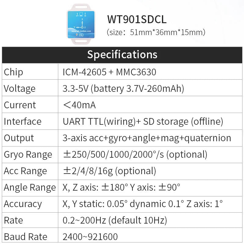 WitMotion WT901SDCL AHRS MPU9250 200Hz 9-Axis Offline Accelerometer Data Logger,  Gyro+Angle (XY 0.05° Accuracy)+Magnetometer