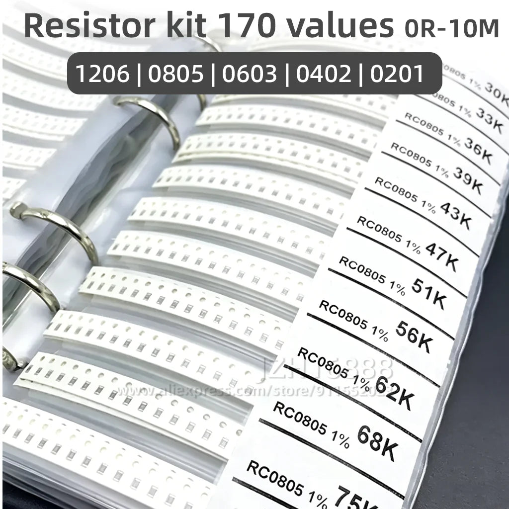 SMD Resistor Kit 170Values 0201 0402 0603 0805 1206 1% 0R-10M Ohm Assortment Sample Book Chip Resistor DIY Electronic Components