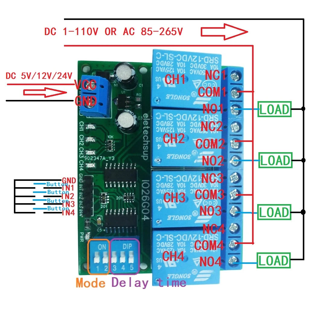 1 PCS 4ch DC 5V 12V 24V DIP Switch Delay Relay Module Flip-Flop Latch Bistable Self-locking Interlock Latch Power Conditioner