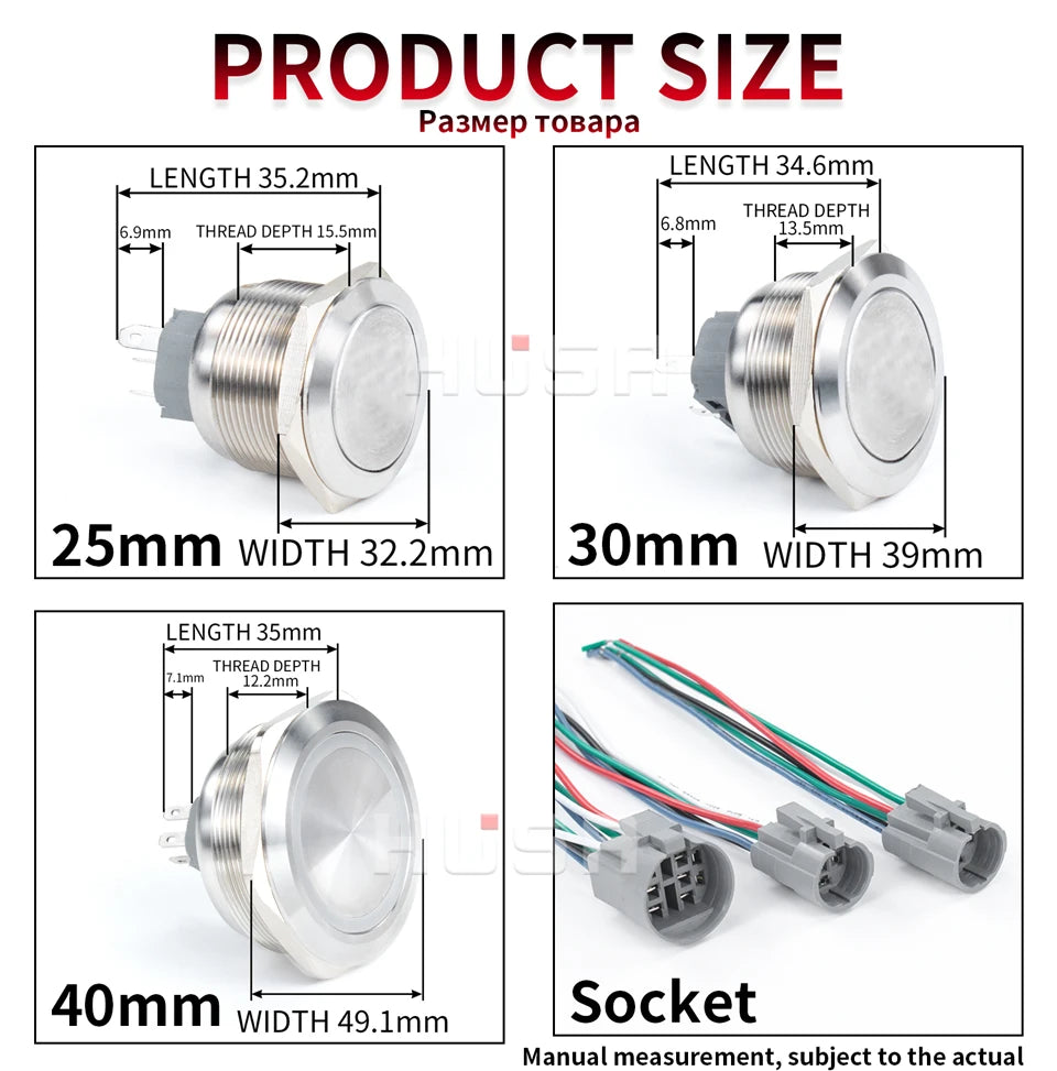 12/16/19/22/25/30/40mm Waterproof Metal Push Button Switch NO LED Light Momentary Latching Car Engine Power Switch  1NO1NC