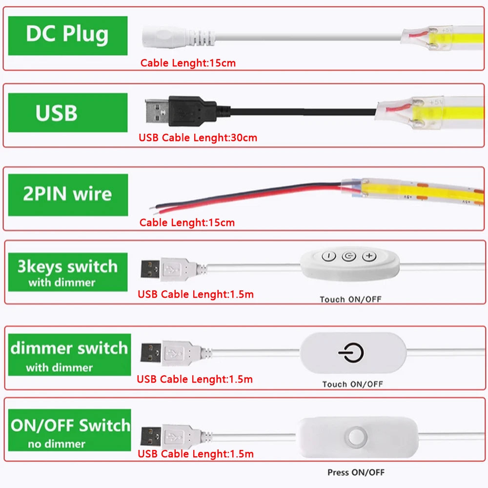 5V USB COB LED Strip Light 3Keys Touch Dimmable ON/OFF Switch Bright Red Green Blue Warm White 320LEDs Flex Ribbon Tape 8mm PCB