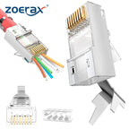 10pcs Shielded RJ45 Cat6A Cat7 Pass Through connectors - 3 Prong 8P8C Gold Plated 2-Piece Pass Through Modular Data Plug