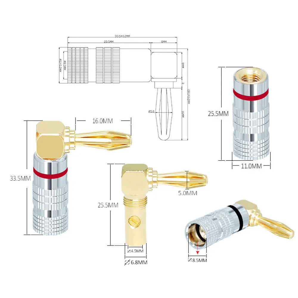 Musical Sound 24K Gold Plated Speaker Plugs Audio Banana Connector for Speaker Wire Open Screw Type Hifi Banana Plugs