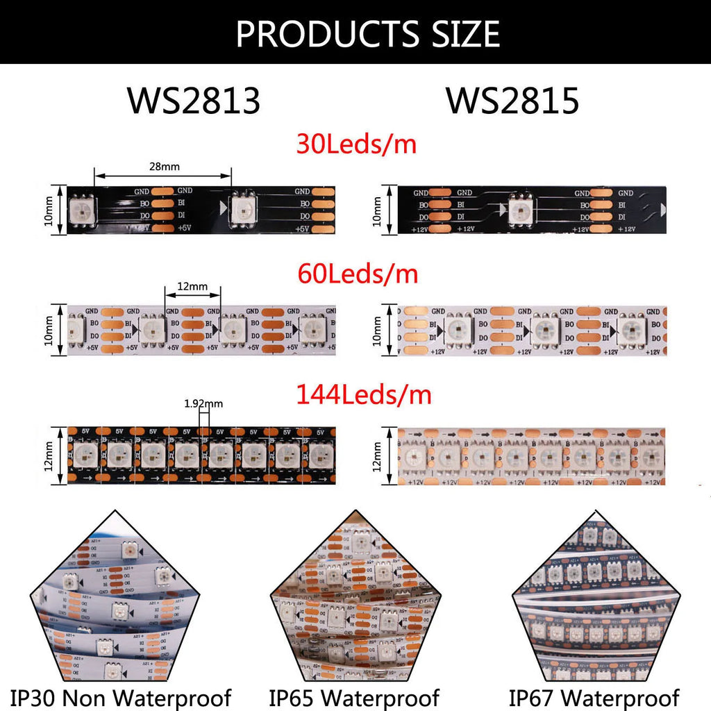 WS2811 WS2812B WS2813 WS2815 30/60/144Pixels/Leds/m 5050 RGBIC Smart LED Strip WS2812 Individually Addressable IC Light DC5V/12V