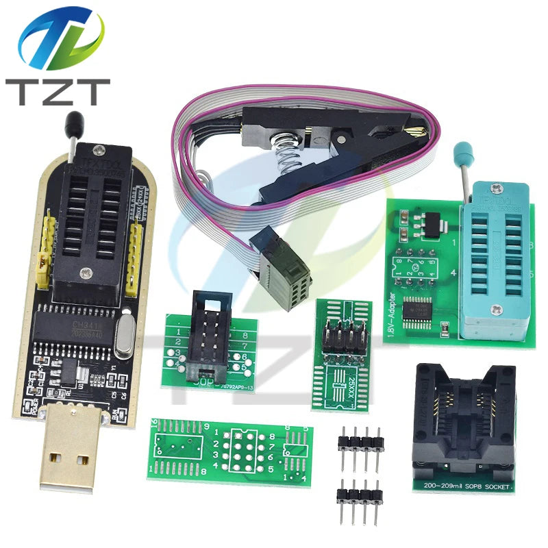 CH341A CH341B 24 25 Series EEPROM Flash BIOS USB Programmer Module + SOIC8 SOP8 Test Clip + 1.8V adapter + SOIC8 adapter DIY KIT