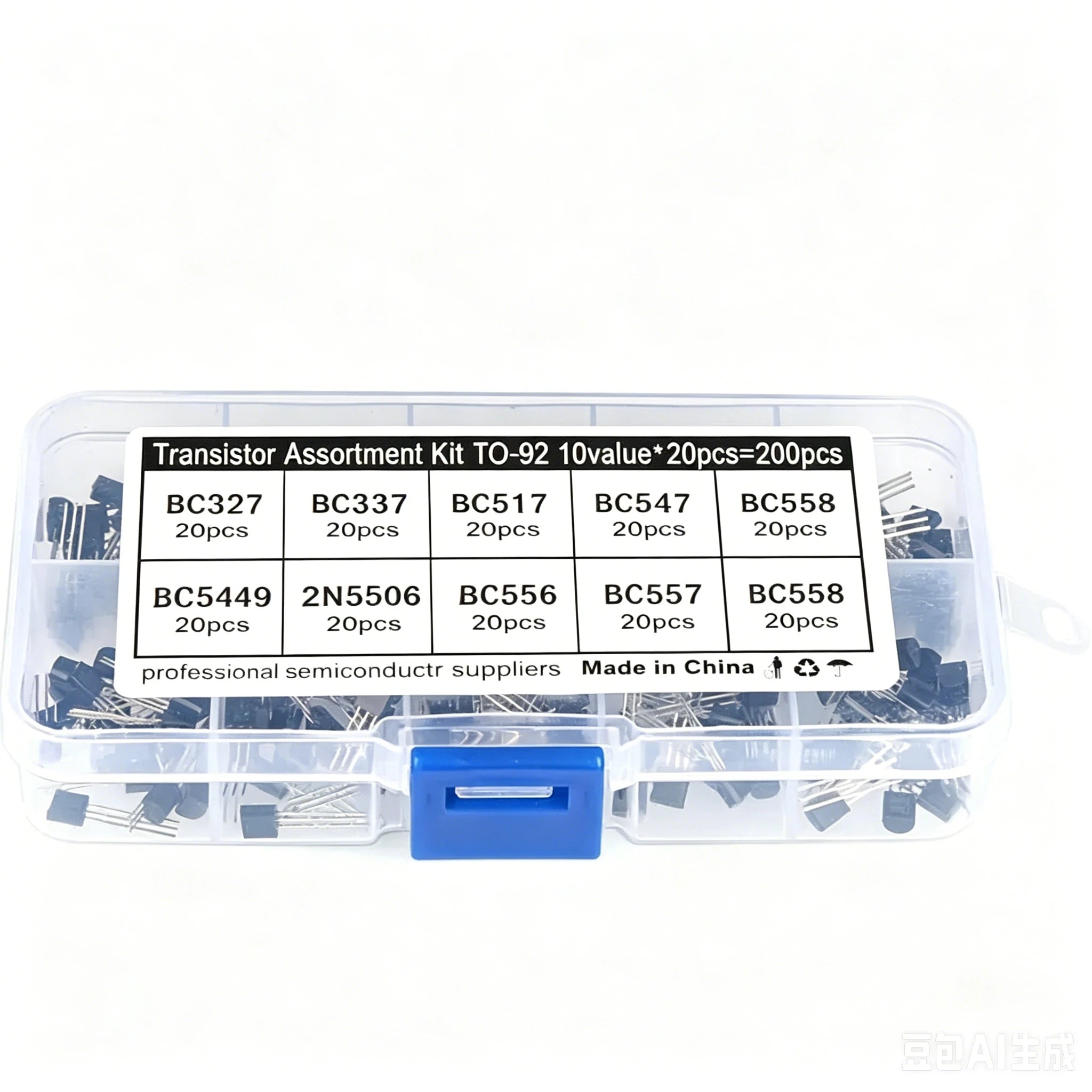 10Value 200PCS Transistor Assortment Kit S8050 S8550 2N2222 2N2907 BC337 BC327 BC517 BC556 2N3904 2N3906 A1015 C1815 Wit Box