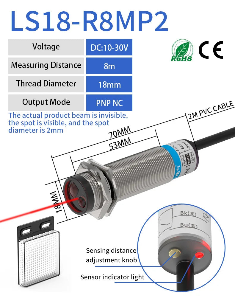 GTRIC Laser Photoelectric Sensor Retro-reflective M18 Series 10-30V NPN PNP Visible Spot 2mm Sensing Distance 8M Adjustable