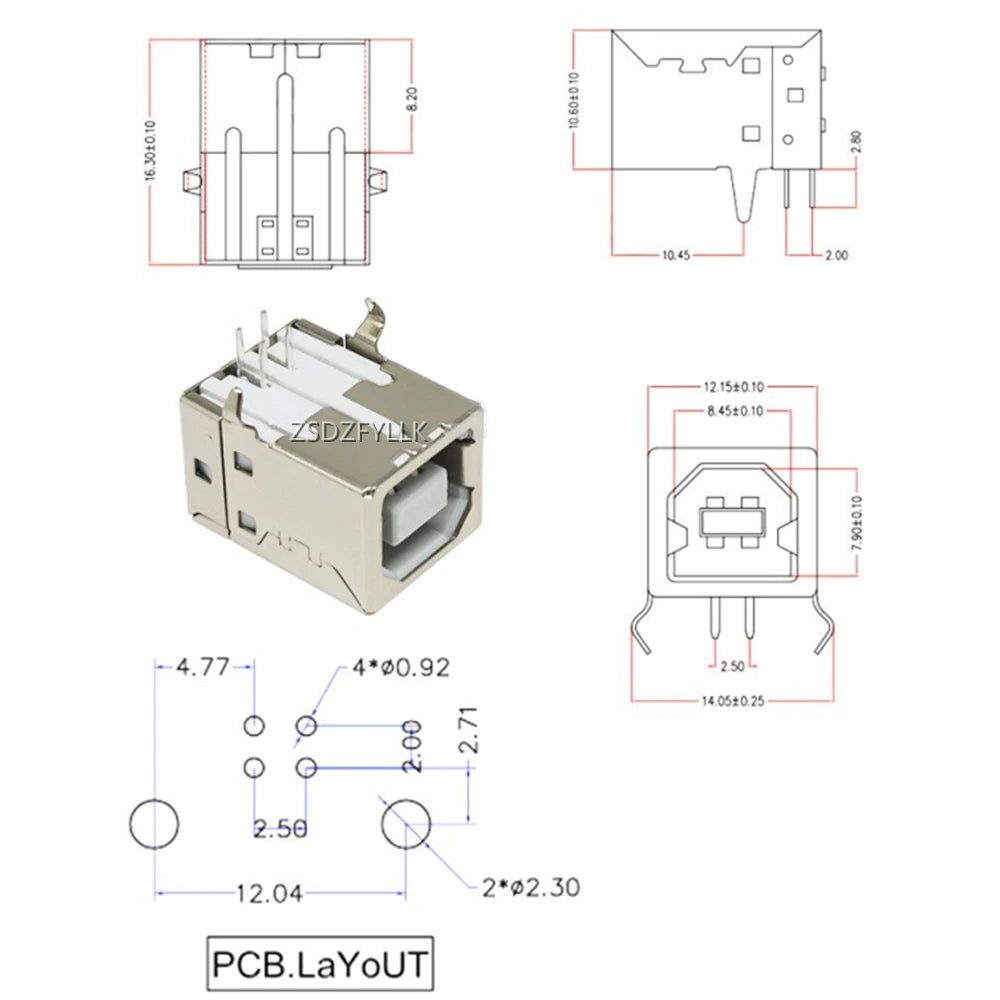 5/10Pcs Right Angle USB B Female Socket 90 Degree PCB Mount Connector Printer Interface Port