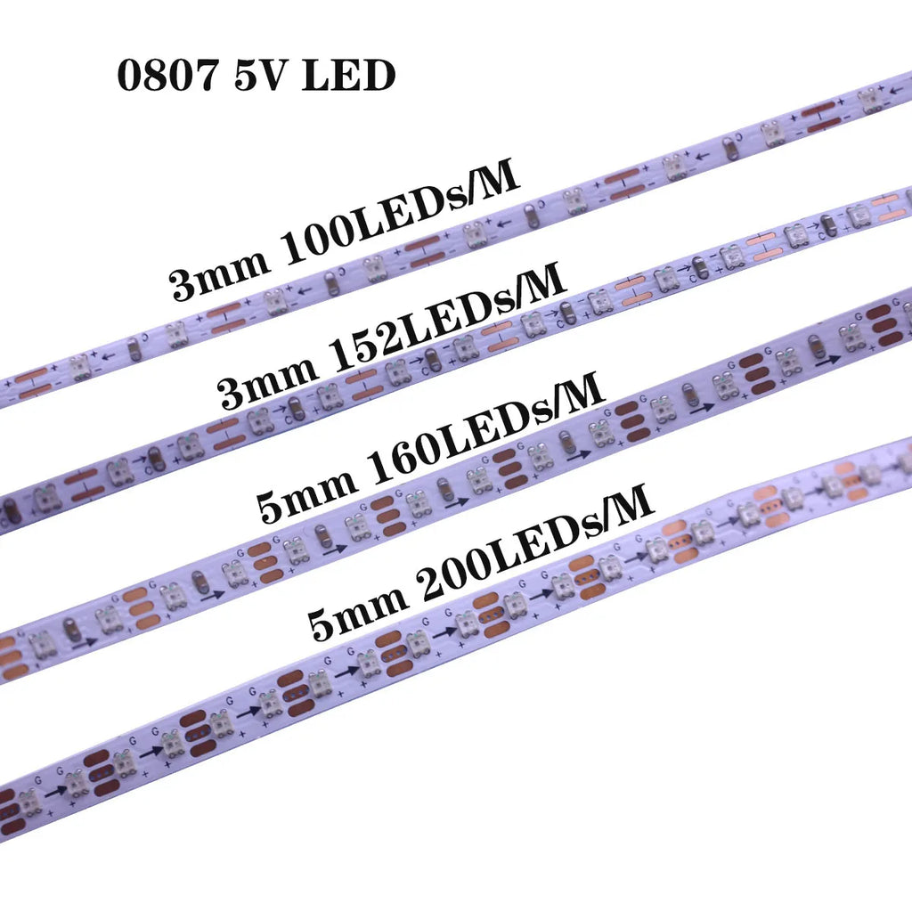 0807 3mm 5MM Ultra Narrow WS2812B LED Strip 100 160 200Leds/m WS2812 Dream Color Individually Addressable Smart Pixel Light DC5V