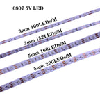 0807 3mm 5MM Ultra Narrow WS2812B LED Strip 100 160 200Leds/m WS2812 Dream Color Individually Addressable Smart Pixel Light DC5V