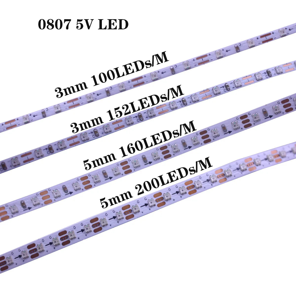 0807 3mm 5MM Ultra Narrow WS2812B LED Strip 100 160 200Leds/m WS2812 Dream Color Individually Addressable Smart Pixel Light DC5V