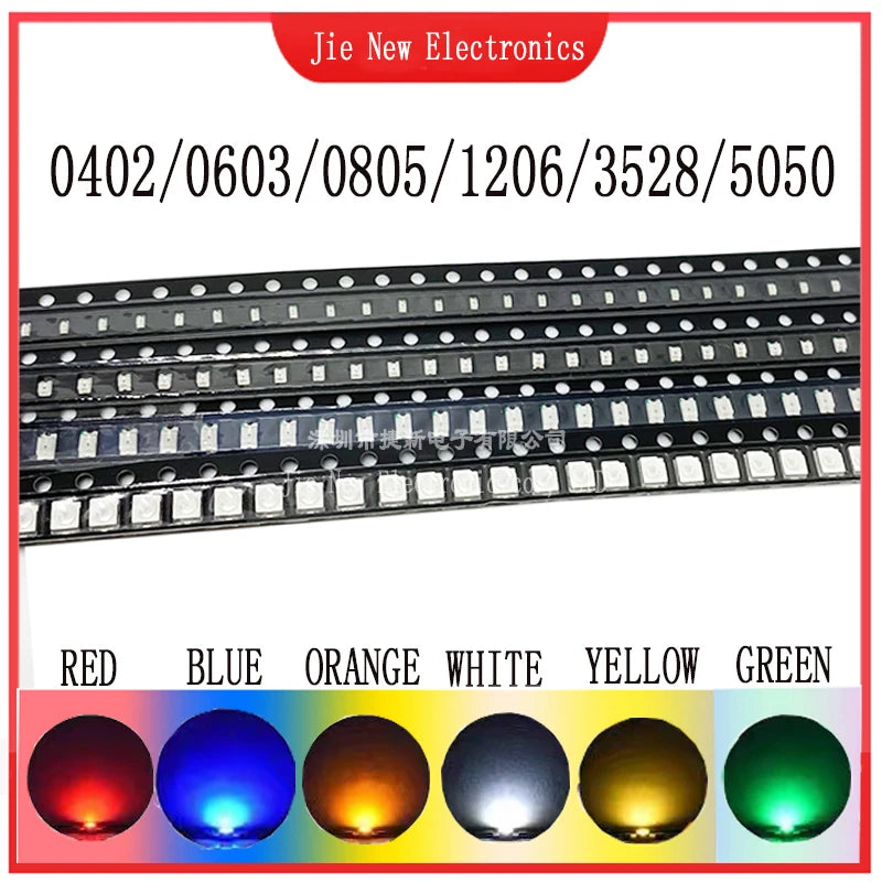 600pcs=6colors x 100pcs 5050 5730 1210 1206 0805 0603 0402 SMD LED Diode Kit Red / Green / Blue / White / Yellow/ Orange