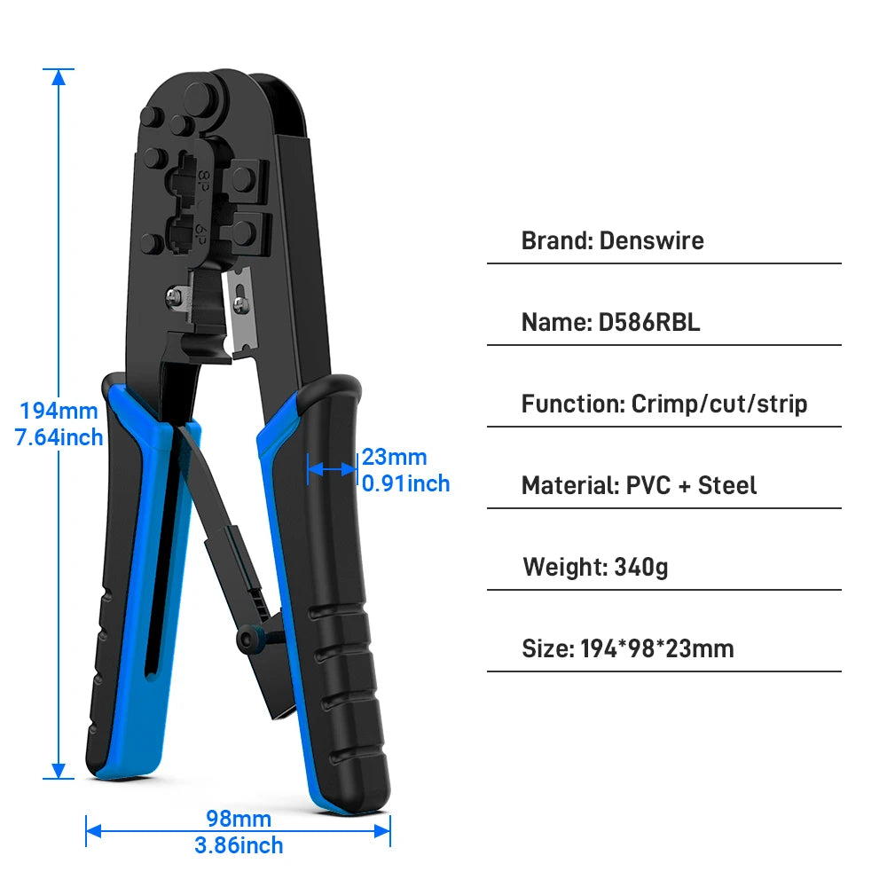 Denswire RJ45 Crimp Tool for Cat5 Cat5e Cat6, RJ-11, 6P/RJ-12, 8P/RJ-45 Crimp, Cut and Strip Ethernet Crimper Networking Tools
