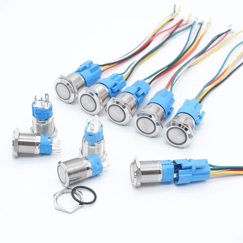 10PCS 16mm 19mm Metal Power Switch Button Flat Round LED Lamp Light Waterproof Latching /Self-reset Button Car Start Switch 12V