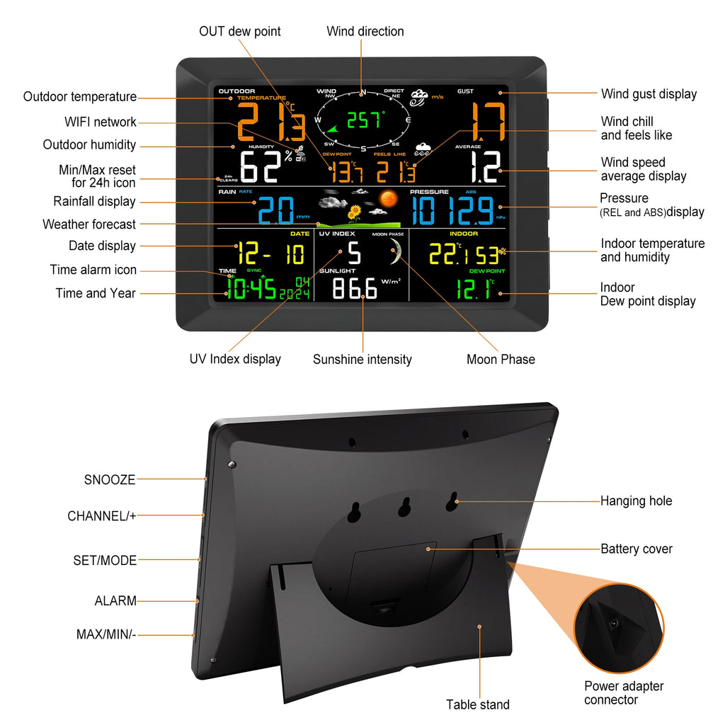 WiFi Weather Station 14-in-1 Wireless with Color Display Real-Time Sync to Weather Underground 100m Range Smart Home Sensor
