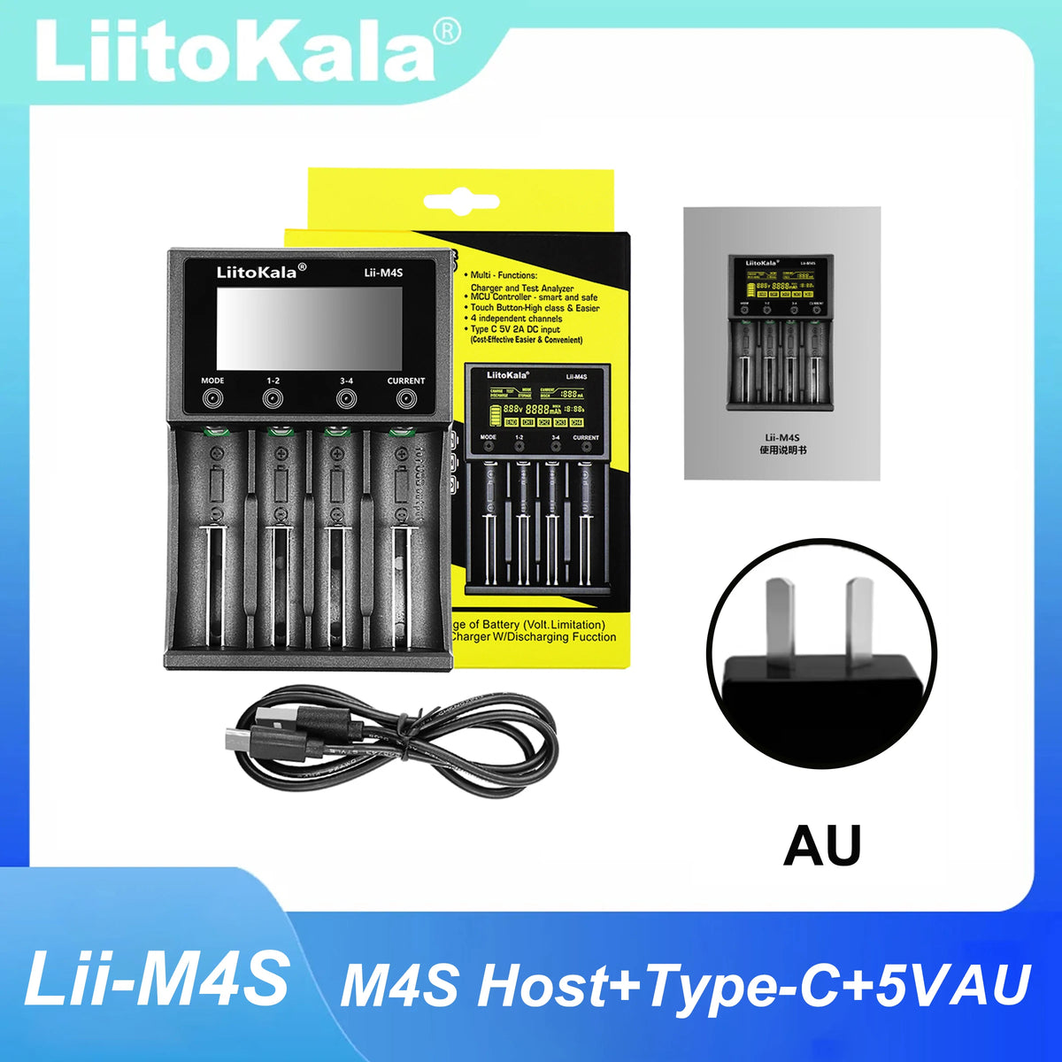 LiitoKala Lii-M4S 5V EU AU UK US Plug Battery Charger For 3.7V 18650 26650 21700 14500 18350 17500 1.2V AA AAA A C
