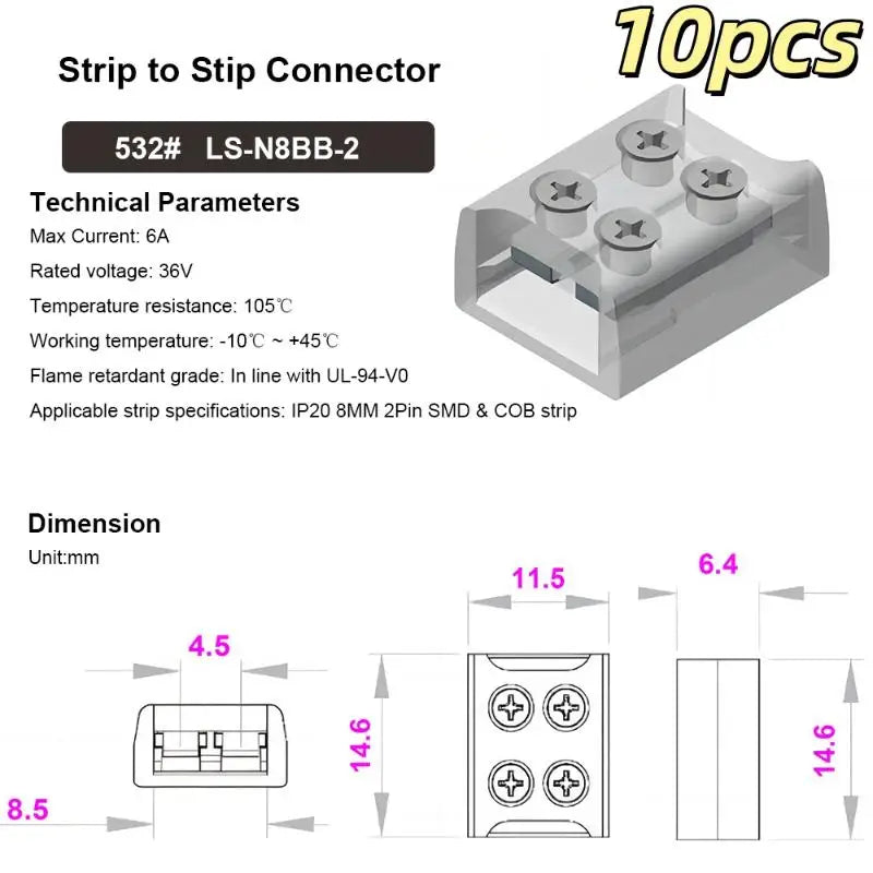10Pcs Screw Fixing Solder-Free LED Strip Connector 2 Pin Quick Wire Connector For 8mm/10MM LED Light Strip Terminal Adapter