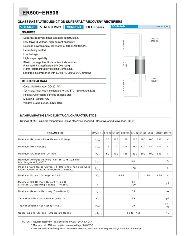 20PCS ER202 ER204 ER206 ER302 ER304 ER306 ER502 ER504 ER506 2A 3A 5A 200V 400V 600V Super Fast Recovery Rectifier Diode