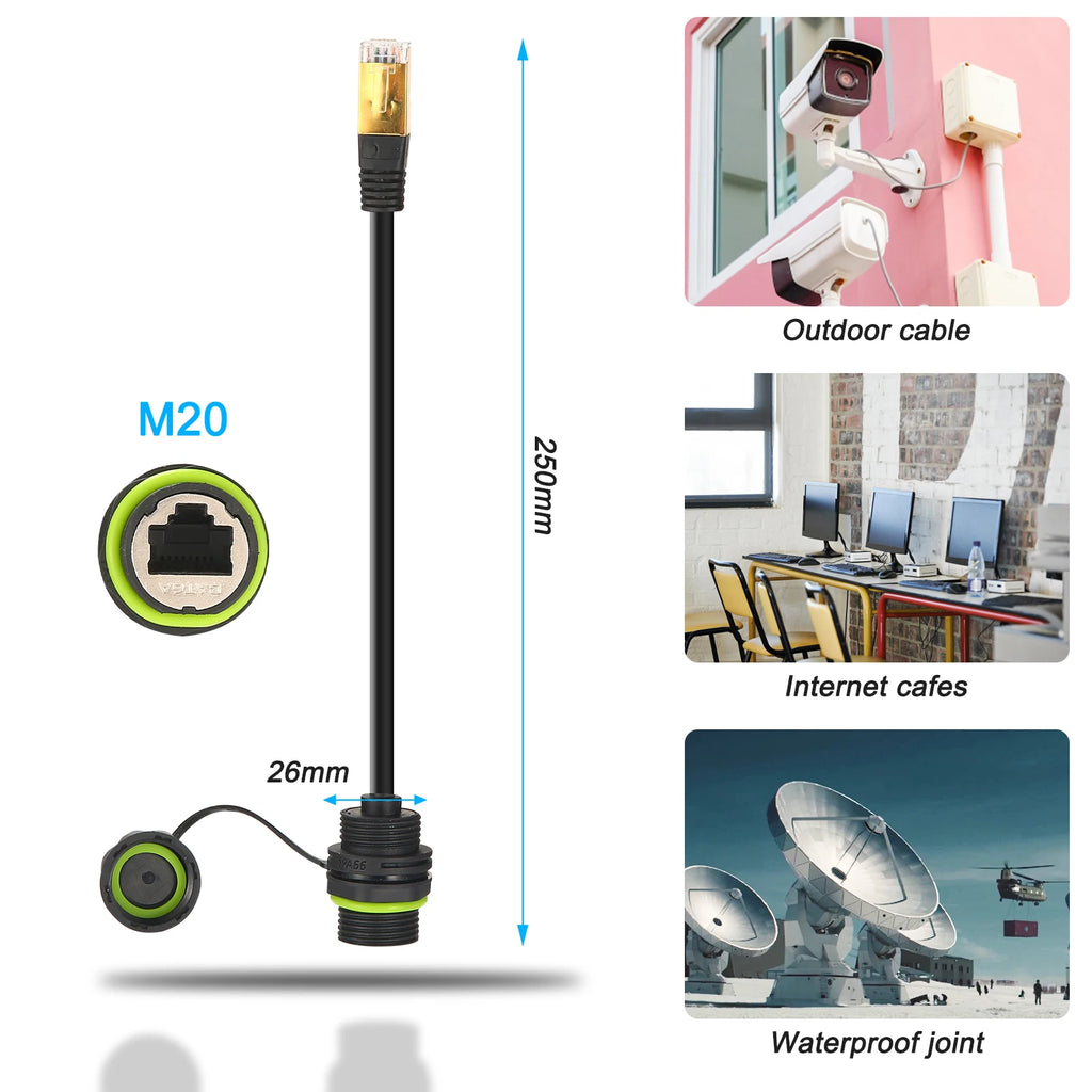 1PC RJ45 8p8c Waterproof Connector, RJ45 Male to Female, Panel Mount Type, Zinc Alloy Body+PA66 Plastic+Copper Contact 250mm